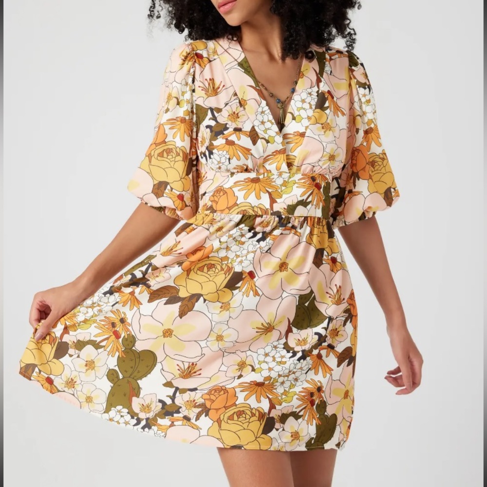 NWT Floral V Neck Ruffle Mini Dress Pink Brown Orange 70s